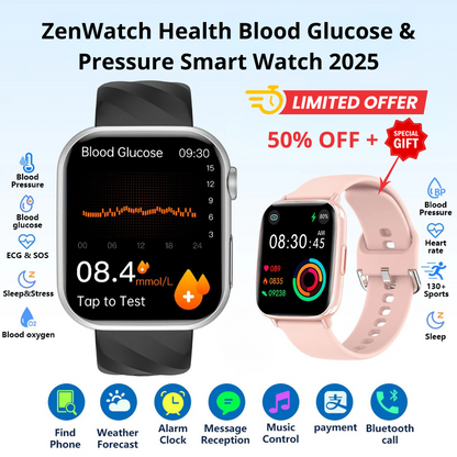 Upgrade ZenWatch® ZW55 Pro Max Blood Glucose Watch With BP+HRV+ECG(EKG)+PGG+SpO2+SOS+Stress+Sleep Monitoring Supports Voice Calls And Fitness Tracker + Free Watch Gift🎁