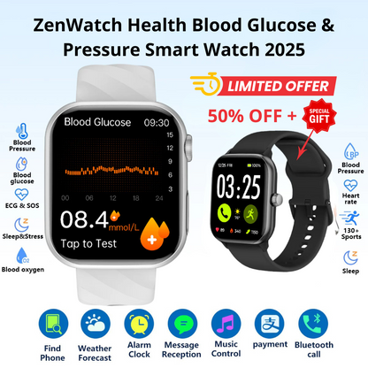 Upgrade ZenWatch® ZW55 Pro Max Blood Glucose Watch With BP+HRV+ECG(EKG)+PGG+SpO2+SOS+Stress+Sleep Monitoring Supports Voice Calls And Fitness Tracker + Free Watch Gift🎁