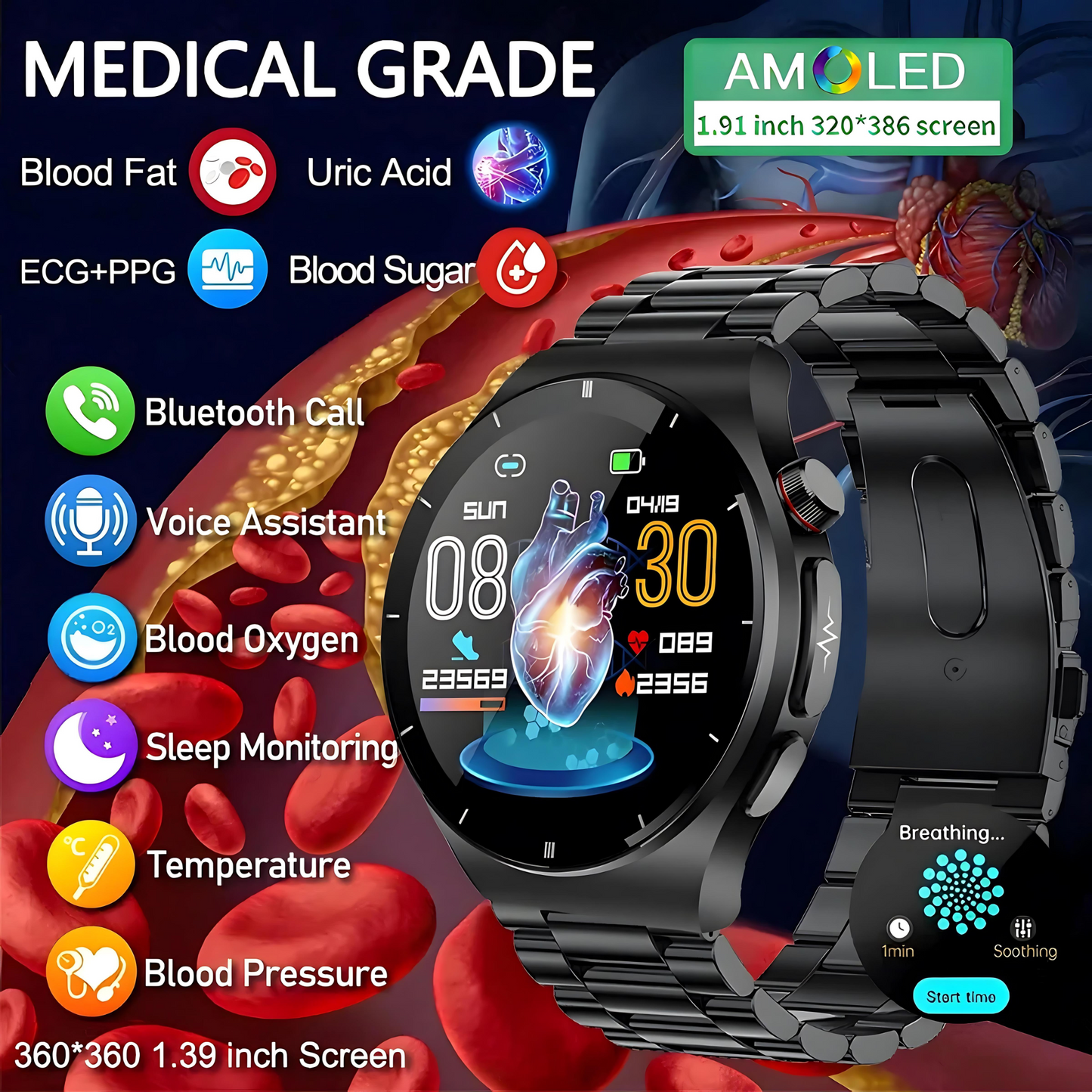 2025 New Laser Treatment Smart Watch - Blood Sugar - Lipid and Uric Acid Medical Grade ECG+PPG Health Monitoring