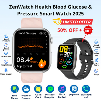 Upgrade ZenWatch® ZW55 Pro Max Blood Glucose Watch With BP+HRV+ECG(EKG)+PGG+SpO2+SOS+Stress+Sleep Monitoring Supports Voice Calls And Fitness Tracker + Free Watch Gift🎁