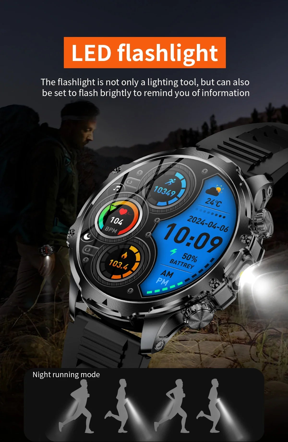 Smart Watch Flashlight 1.9inch Men Outdoors Sports Fitness Tracker